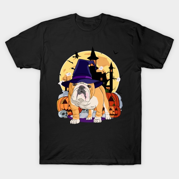 English Bulldog Happy Halloween Witch Pumpkin T-Shirt by Noseking